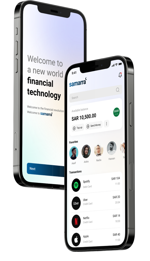 Image of two iPhones hovering with the onboarding screen of the Samarra application on one and the home page of the Samarra application on the other.